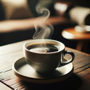 -A-steaming-cup-of-freshly-brewed-coffee-set-on-a-saucer.-The-steam-rises-gracefully-from-the-cup-indicating-its-warmth.-The-coffee-is-dark-