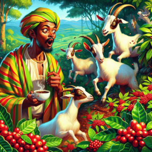 Image depicting the legend of the Ethiopian shepherd Kaldi, his dancing goats, and the mysterious red berries that sparked the coffee revolution.